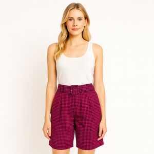 💕 Vintage Pink & Black Plaid High-Waisted Midi Skirt with Belt –Size Medium